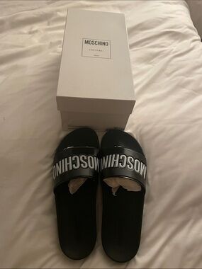 Moschino Black Slides with White Logo